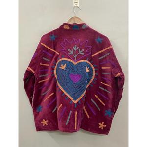 Hand Embroidered Velvet <b>Knitted</b> Cotton Jacket Women Mandarin Collar Full Sleeve Floral <b>Pattern</b> Open Front Prairie Winter/Spring - Product Image 4