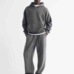 Ensemble de survêtement unisexe 2 pièces épais, coupe oversize et courte, style streetwear, avec sweat à capuche personnalisé délavé à l'acide et respectueux de l'environnement - Product Image 1