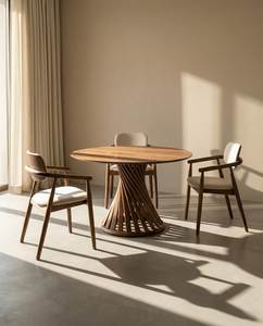 Table à manger ronde en bois avec base conique cannelée et plateau ovale, table sur pieds contemporaine pour la maison et les restaurants - Product Image 1