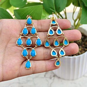 Boucles d'oreilles pendantes style bohème, serties de pierres précieuses multicolores turquoise bleue, en laiton plaqué or 18 carats, bijoux fantaisie, boucles d'oreilles tendance - Product Image 4
