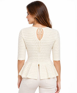 Suéter de punto de ganchillo Prime Vista para mujer, top de manga corta con peplum, jersey transpirable de viscosa y nailon, cuello en V, primavera-verano - Product Image 6