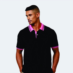 Men's Black for Shirt with Pink Collar and Cuff Trim Short Sleeve Casual Knitted Spandex/Cotton Pocket Compressed - Product Image 3