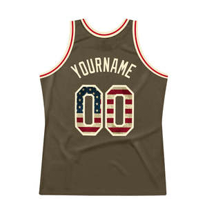 Auténtica Camiseta de Baloncesto Color Crema con Bandera de EE. UU. Vintage Personalizada en Verde Oliva, 100% Poliéster Transpirable, Homenaje al Servicio - Product Image 1