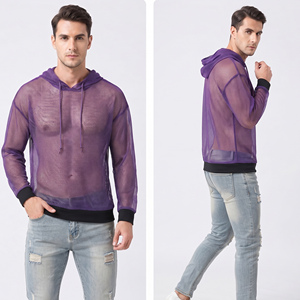 Summer Sheer Mesh Hoodie Men 100% Polyester Quick Dry Transparent Mesh Hoodies Men's Drop Shoulder <b>Fishnet</b> Hood Tops Men - Product Image 3