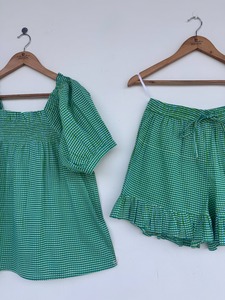 Ensemble 2 pièces pour femme, haut et short en coton à carreaux vichy verts, col carré, volants, coupe ample, style Prairie Chic, printemps-été - Product Image 4