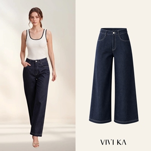 Women's Summer High Waist Wide Leg Denim <b>Jeans</b> Dark <b>Indigo</b> Contrast Topstitching Casual Straight Trousers ODM Anti-Wrinkle - Product Image 1