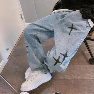 Custom Men's Y2K Vintage Skater Hip Hop Jeans Baggy Wide Leg Denim Pants Loose Fit Knitted Weave Winter Colored Wash Streetwear - Product Image 2