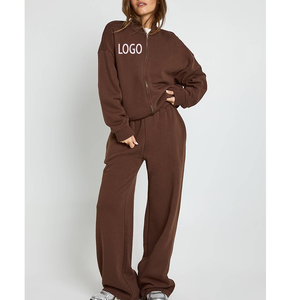 Conjunto de 2 piezas de ropa de otoño/invierno para mujer: Chaqueta de algodón con cremallera y hombros caídos y pantalón holgado de doble cintura. - Product Image 5