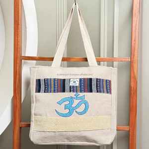 Sac fourre-tout en chanvre de grande capacité écologique avec signe OM brodé sac à bandoulière ethnique fait à la main pour femmes sacs à provisions réutilisables - Product Image 3