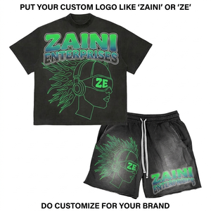 Ensemble T-shirt et short en coton doux 280 GSM, noir, impression DTF, logo personnalisé, streetwear décontracté haut de gamme - Product Image 1