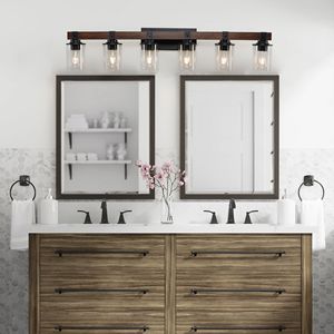 Lampada da Parete Industriale Rustica Moderna da 42 Pollici a 6 Luci per Bagno, con Accenti in Legno e Paralumi in Vetro - Product Image 3