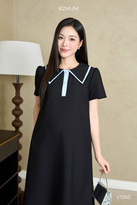 B2 MUM V1565 ชุดเดรสออฟฟิศทรงเอแขนสั้นลายทางสีน้ำเงินชั้นเดียวระบายอากาศได้เป็นมิตรกับสิ่งแวดล้อมฤดูร้อนนุ่มสบาย - Product Image 3