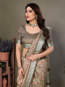 Sari indio de viscosa Khadi con estampado digital y bordes tejidos, ropa tradicional india, vestimenta étnica para bodas. - Product Image 5
