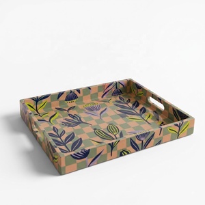 Plateau de service rectangulaire laqué à motif floral tendance 2028, design décoratif rose et bleu, vente en gros Vietnam - Product Image 3