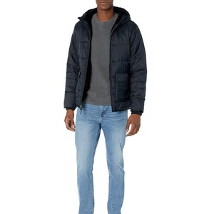 Veste matelassée à capuche pour homme, bleu marine, coupe-vent épaisse, fermeture éclair, décontractée, hiver, couleur unie, en nylon, prix de gros - Product Image 3
