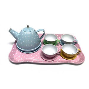 Custom OEM Tinplate Kids Tea Party <b>Set</b> Cute Colorful Polka Dot Metal Teapot <b>Teacups</b> and Tray Pretend Play Kitchen Toys for Girl - Product Image 1