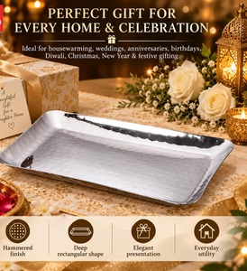 Stainless Steel Hammered Finish Rectangular Serving <b>Tray</b> Plate Deep Multipurpose Serving Platter for Snacks Starters Home Hotel - Product Image 4