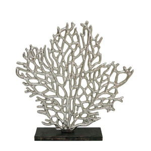 Elegante Escultura de Coral en Aluminio Plateado sobre Base Negra - Moderna Estatua de Abanico Marino Costero para Decoración de Mesa de Oficina u Hogar de Lujo - Product Image 1