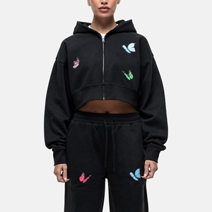 Sudadera con Capucha Corta Negra para Mujer con Mariposas Bordadas, Sudadera con Cierre, Manga Regular, Tejido de Algodón, Ropa de Otoño - Product Image 5