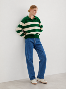 Pull décontracté pour femme en maille rayée verte avec col, color block, anti-plis, en polyester/coton doux et respirant - Product Image 3