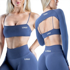 Navy Women 3 Piece Yoga Set Breathable Ribbed Print Square Neck Sports Bra <b>Long</b> <b>Sleeve</b> <b>Crop</b> <b>Top</b> High Waist Leggings Activewear - Product Image 1