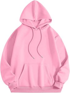 Sweat-shirt à capuche unisexe rose surdimensionné en polaire couleur unie, décontracté, pour l'automne, avec poche avant et cordon de serrage - Product Image 1