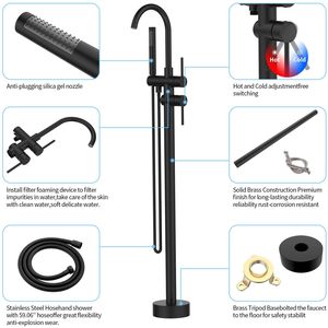 Miscelatore per Vasca da Bagno e Doccia Autoportante Nero Opaco ad Alta Portata con Doccetta, Montaggio a Pavimento, Stile Moderno - Product Image 4