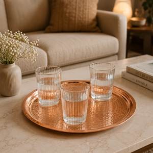 Plateau de service en cuivre martelé, rond, 14 pouces |   Thali en cuivre pur pour la salle à manger, la cuisine et la décoration de la maison, finition artisanale - Product Image 1