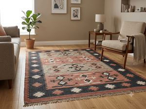 Tapis rectangulaire artisanal en laine tufté à la main, motif géométrique Kilim, écologique, pour salon, à poils moyens, nettoyage localisé, par Krafterscustom - Product Image 1