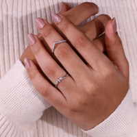 Anillo de Boda de Oro Sólido de 14K con Diamante Cultivado en Laboratorio, Corte Marquesa Curvo, en Forma de V, con Engaste Pavé, a Juego con Anillo de Compromiso Apilable de Eternidad con Diseño Chevron