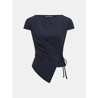 Ensemble coordonné deux pièces en rayures fines linéaires bleu marine, comprenant un haut peplum asymétrique à nouer et un pantalon large à jambes larges, style Meridian Wrap