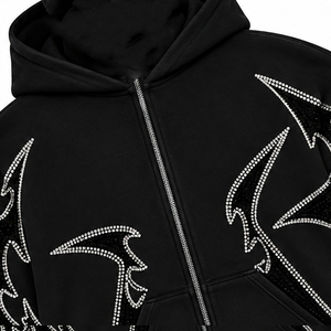 Custom Black Rhinestone Tribal Zip <b>Hoodie</b> Oversized Y2K Streetwear <b>Gothic</b> Graphic Heavyweight Unisex Hooded Jacket Winter 100% - Product Image 4