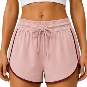 Light Pink Women Athletic <b>Shorts</b> With <b>Burgundy</b> Piping Elastic Waist Drawstring Side Pocket Running Gym Workout Active Wear <b>Short</b> - Product Image 1
