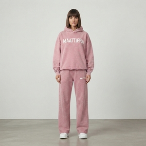 Ensemble survêtement femme en molleton de coton rose délavé, comprenant un sweat à capuche oversize et un pantalon de survêtement à jambes larges, avec ceinture brodée vintage personnalisée, OEM ODM - Product Image 1