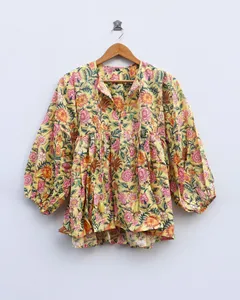 Vestido Mini Casual de Verano para Mujer, Estilo Boho, Amarillo, de Algodón, con Estampado Floral a Mano, Cuello con Lazos, Manga Abullonada, Corte Holgado - Product Image 1