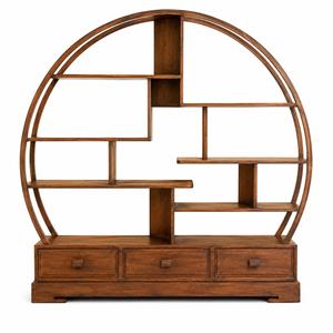 Bibliothèque ronde en teck artisanale avec tiroirs de rangement - Product Image 1