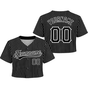 เสื้อเบสบอลครอปท์แฟชั่นสีดำขาวสำหรับผู้หญิงและเด็กผู้หญิง  แบบสั่งทำพิเศษ พร้อมชื่อ หมายเลข และโลโก้ - Product Image 1