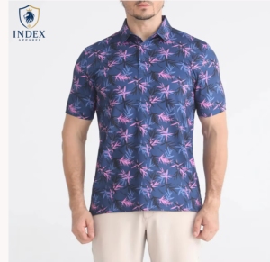 เสื้อโปโลพิมพ์ลายสีน้ำเงินกรมท่า แขนสั้น สำหรับผู้ชาย ยี่ห้อ Index Apparel ลายต้นปาล์มสีชมพู ทรงลำลอง ใส่สบาย ระบายอากาศได้ดี ผลิตจากโพลีเอสเตอร์ - Product Image 1