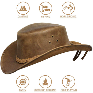 Genuine Leather Cowboy Style Wide Brim <b>Hat</b> for <b>Men</b> <b>Winter</b> Outdoor Adjustable Casual Fashion Vintage Wholesale - Product Image 2