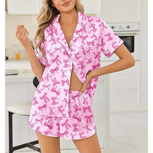 Ensemble short et haut à manches courtes col rond, taille élastique, coupe décontractée, pyjama d'été doux, respirant et léger pour femme - Product Image 3