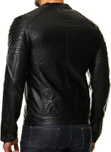<b>Men's</b> Black Real Lambskin <b>Leather</b> Biker <b>Jacket</b> Slim Fit Turn-down Collar Zipper Closure Solid Color Autumn Wear - Product Image 4