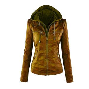 Women's Brown PU <b>Leather</b> Hooded Motorcycle <b>Jacket</b> With Zipper Closure And Detachable Hat Windproof Autumn Wear - Product Image 4