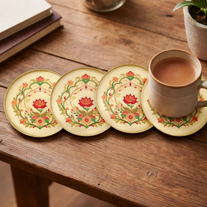 Set of four round brass coasters decorated with intricate gold floral vines on vibrant <b>blue</b> enamel backdrop, at wholesale price. - Product Image 5
