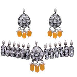 Party <b>Favors</b> Antique Polish Silver Oxidized Floral Pattern Choker Necklace Diamond Earrings Vintage Ethnic Style for <b>Wedding</b> - Product Image 1