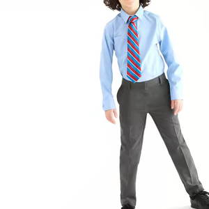 Uniforme Escolar para Niños de Primaria, Camisa Oxford Azul Claro con Corbata a Rayas Rojas y Azules, Pantalones Grises, Tela de Algodón - Product Image 1