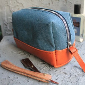 Large Canvas Leather Toiletry Bag Double Zipper Custom Logo Travel Shaving Dopp Kit Cosmetic Wash Organizer <b>Case</b> LCTB-0056C - Product Image 6
