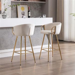Set di 2 Sgabelli da Bar Moderni Color Crema, 30 Pollici, Design Semplice Antico con Poggiapiedi e Base Cromati, Velluto + Gambe Dorate - Product Image 2