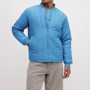 Men's Blue Quilted <b>Jacket</b> Stand Collar Zipper Closure Casual Autumn Outerwear Polyester Wadding Regular Length - Product Image 4