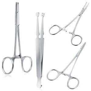 Kit de 4 outils et pinces de piercing corporel en acier inoxydable avec support à boule fendu pour septum et pinces hémostatiques - Product Image 1