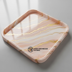 <b>Warm</b> Orange & Soft Pink Marble Effect <b>Tray</b> with Gold Border | Contemporary <b>Tray</b> - Product Image 1